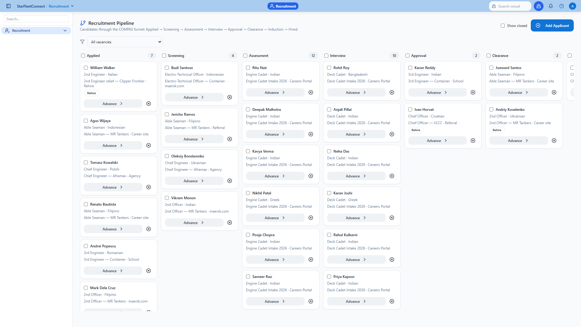 Recruitment pipeline kanban